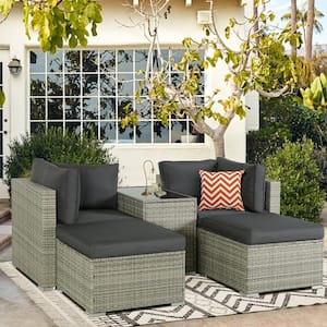 5 Pieces Outdoor Rattan Sectional Sofa Patio Wicker Furniture Sets with Coffee Table and Blue Cushions