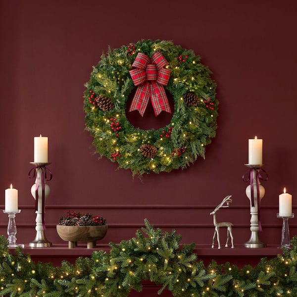 30 in Woodmore Mixed Pine LED Pre-Lit Wreath with Timer