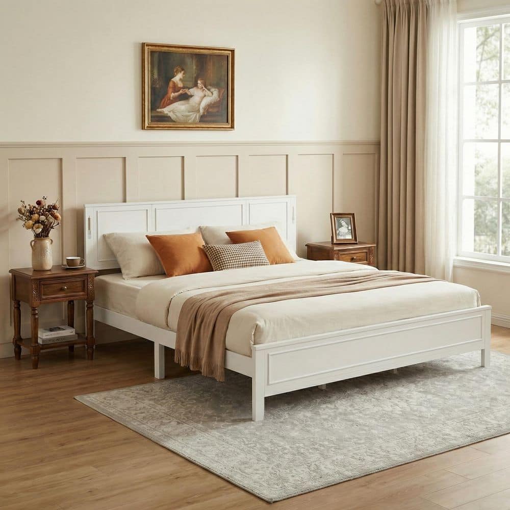 Walnut Brown Wood Frame King Platform Bed with Builtin LED Lights and USB Charging Station