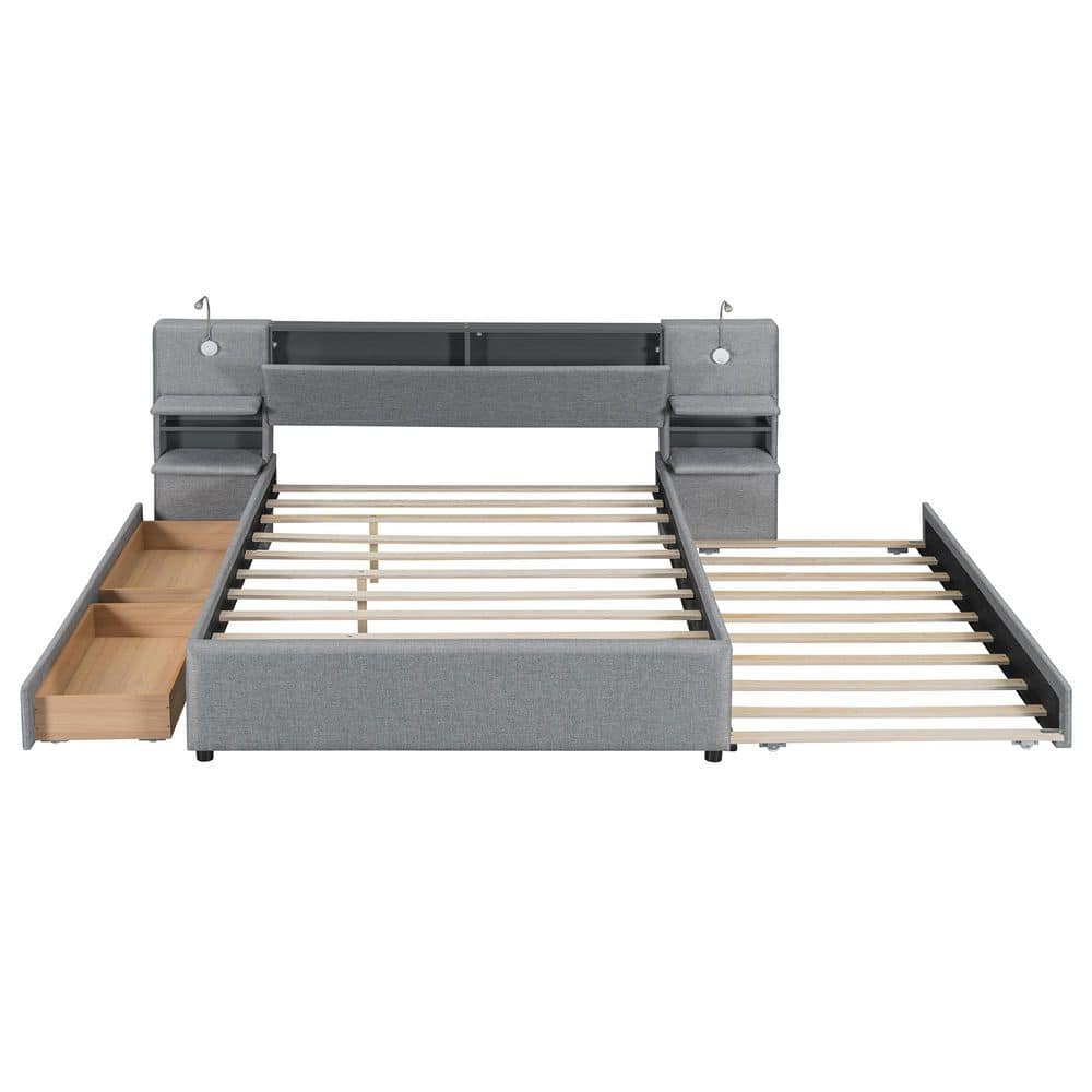 Harper & Bright Designs Gray Wood Frame Queen Linen Upholstered Platform Bed with Storage Headboard, Reading Lights, Twin Trundle , Drawers HTC015AAE