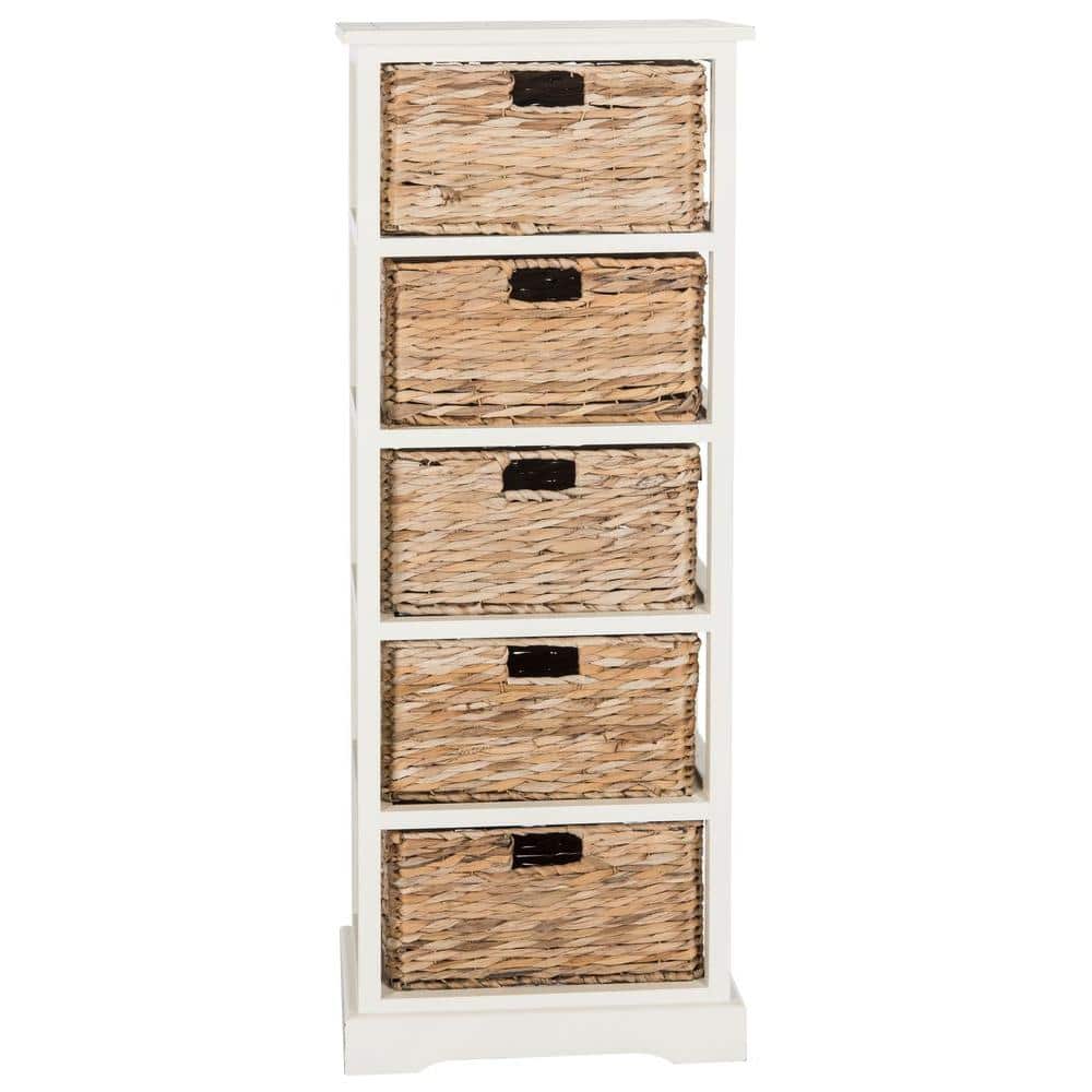 Coastal Breeze White Pine 5-Drawer Wicker Basket Storage Tower