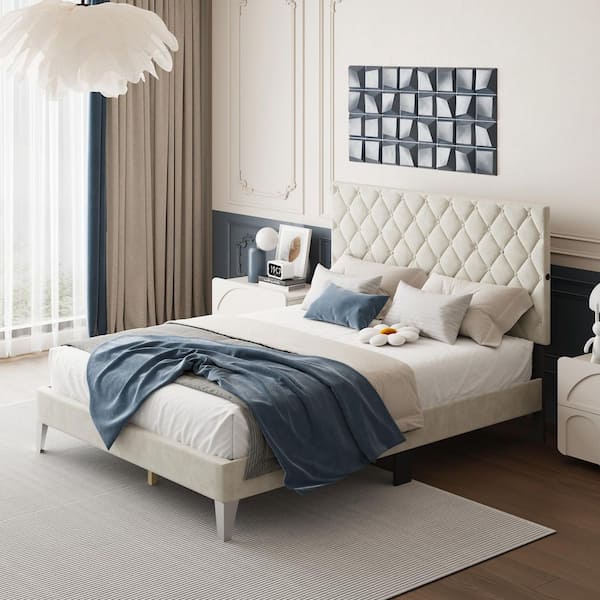 Beige Wood Frame Queen Size Platform Bed with Tufted Headboard, USB Ports and Silent Slats, Polyester Upholstery