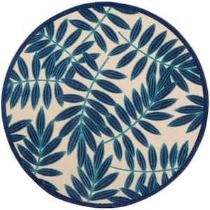 Aloha Navy 4 ft. x 4 ft. Round Floral Contemporary Indoor/Outdoor Patio Area Rug