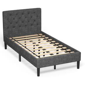 Gray Twin Upholstered Bed Frame Diamond Stitched Headboard Wood Slat Support
