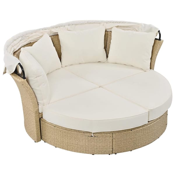 JimsMaison Brown Wicker Outdoor Day Bed with Beige Cushions and Retractable Canopy
