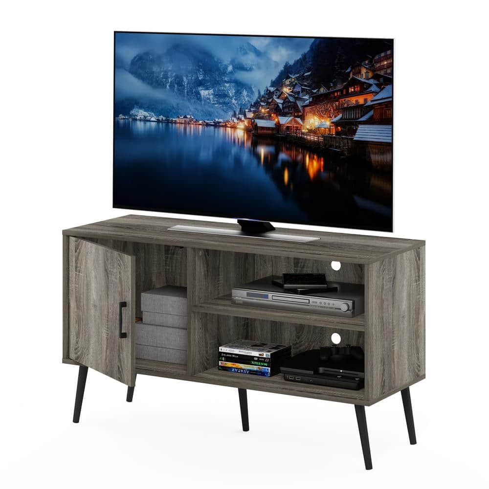 Claude French Oak Grey Mid-Century TV Stand with Cabinet