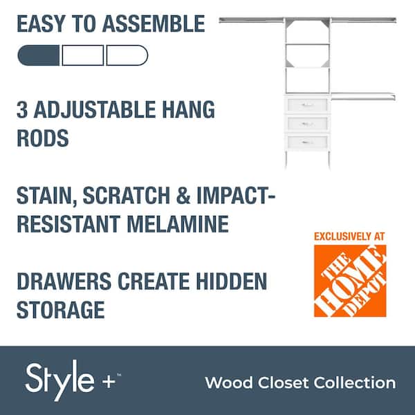 Style+ 73.1 in W - 121.1 in W White Basic Plus Floor Mount Wood Closet System KitWith Top Shelves and Shaker Drawers