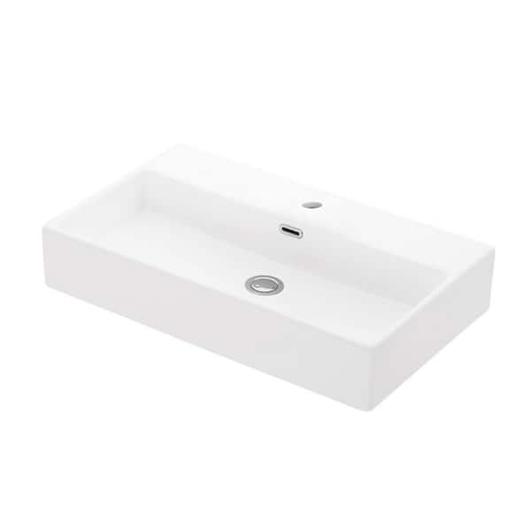 WS Bath Collections Quattro 70 Wall Mount/Vessel Bathroom Sink in Matte White with 1 Faucet Hole