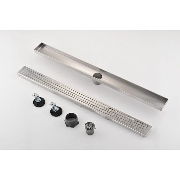 30 in. Stainless Steel Shower Drain with Square Pattern Drain Cover, Hair Strainer and Leveling Feet in Brushed Nickel