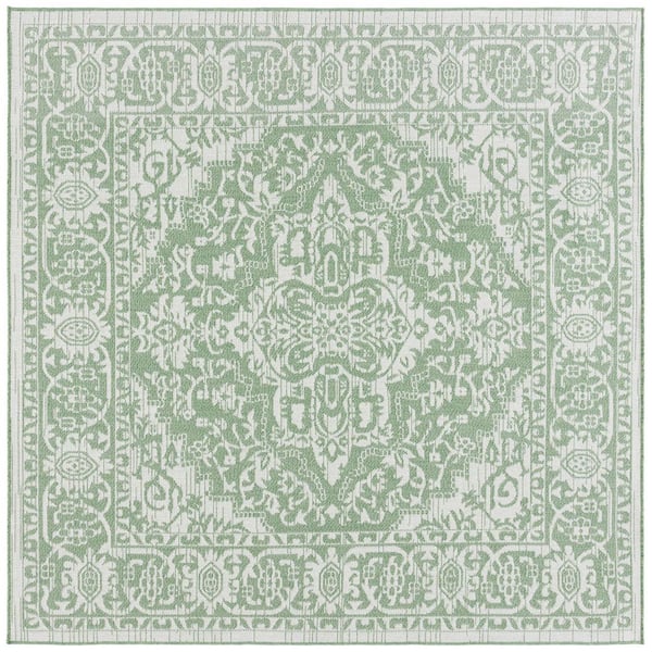 Bermuda Green/Ivory 7 ft. x 7 ft. Border Medallion Ornate Square Indoor/Outdoor Area Rug
