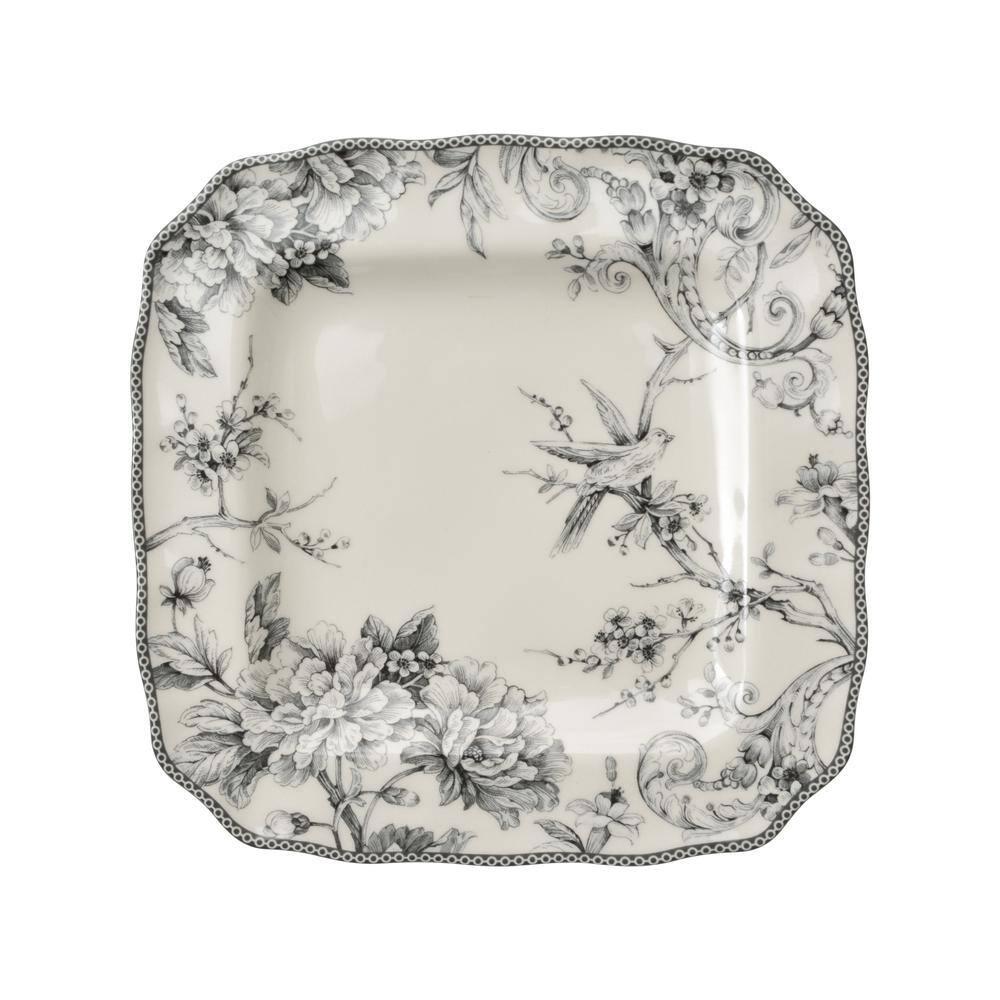 Gray and White Floral Square Porcelain Dinnerware Set, Service for 4