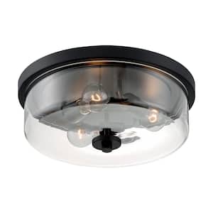 15 in. 3-Light Matte Black Contemporary Flush Mount with Clear Glass Shade and No Bulbs Included