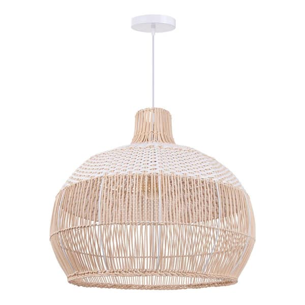1-Light 2-Tone Hand-Woven Rattan Pendant Light, White and Natural Basket Shape, No Bulbs Included 14 in.