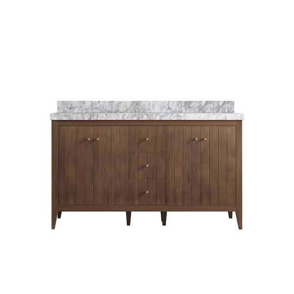 Atlanta Teak 60 in. Double Sink Freestanding Dark Natural Bath Vanity with Carrara Marble Top