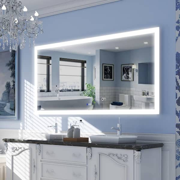WELLFOR 72 in. W x 36 in. H Rectangular Frameless Wall Mounted Bathroom Vanity Mirror Aluminum 3-Touch Sensor Defog Dual Row LED