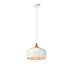 Timeless Home Noa 1-Light White Pendant with 11.5 in. W x 9.0 in. H Frosted+Natural Wood Aluminum Shade