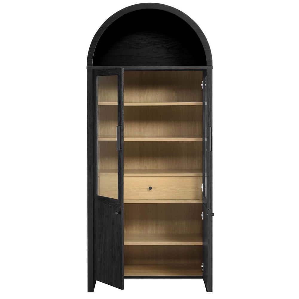 Evie Arched Black Oak Tall Display Cabinet with Glass Doors