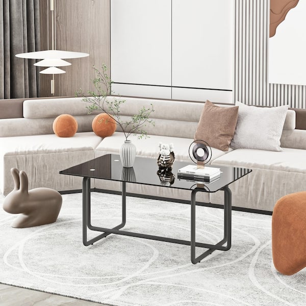 39.37 in. Rectangle Black Tempered Glass Coffee Table w/ Black Metal Legs 220 lbs. Capacity Modern Living Room Furniture