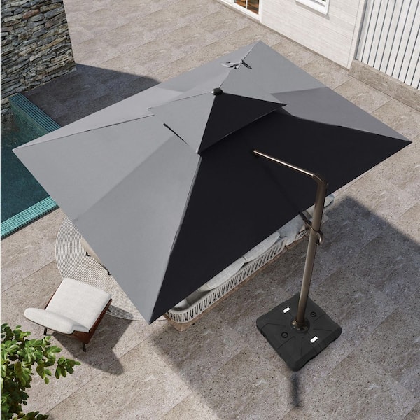 Pellebant Heavy-Duty 12.5 ft. x 10 ft. Double-Top 360° Rotation Aluminum Cantilever Patio Umbrella in Gray and Umbrella Stand