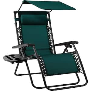 Folding Outdoor Recliner Lounge Chair with Adjustable Canopy Shade, Headrest, Green