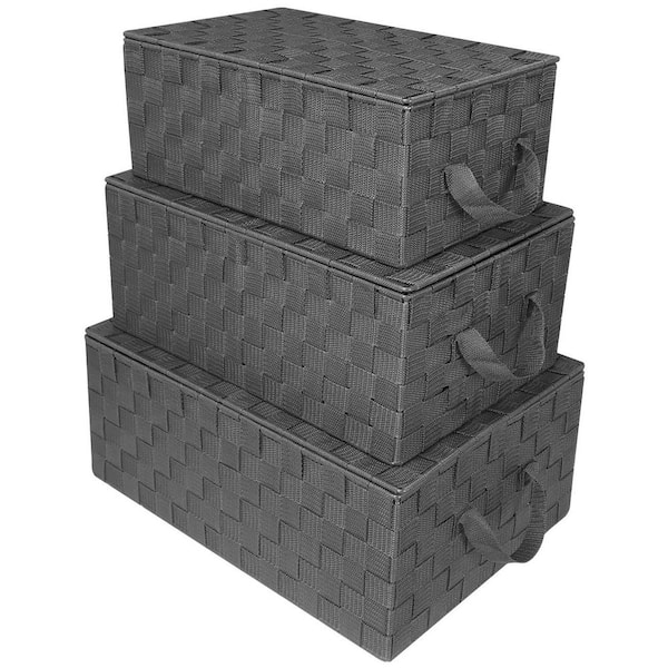 Storage Baskets with Lid, Gray 17 in. W x 7 in. H Plastic Decorative Basket Set of 3, Woven Mesh Linen Closet Organizer