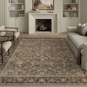 Thorn Garden Brown 9 ft. x 12 ft. Distressed Vintage Floral Area Rug