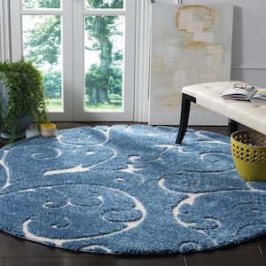 Florida Shag Light Blue/Cream 4 ft. x 4 ft. Round Floral Area Rug