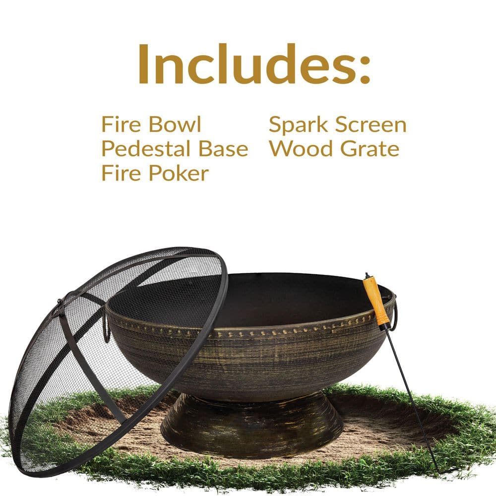 30" Black and Bronze Steel Wood-Burning Fire Pit with Screen and Poker