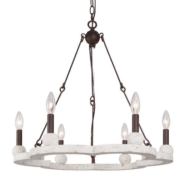 6 light Distressed White Farmhouse Wagon Wheel Chandelier for Kitchen Island Rust Candlestick Dining Room Light
