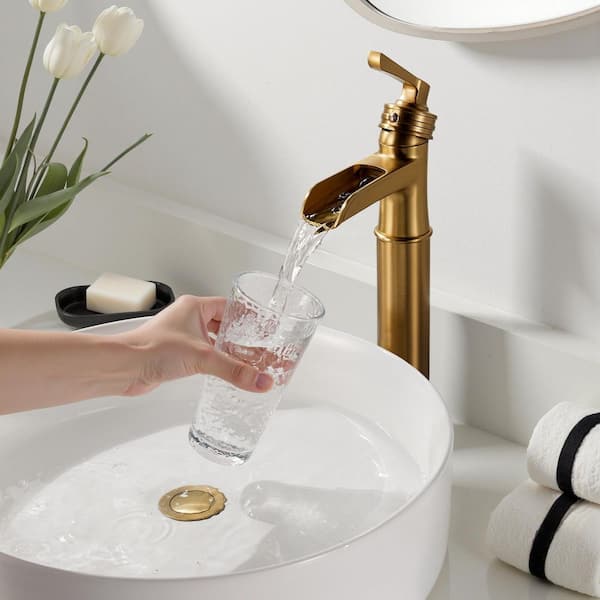 Single-Handle Single Hole Waterfall Bathroom Faucet with Pop-Up Drain in Gold