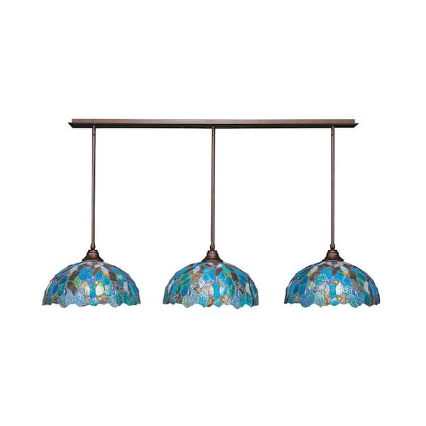 Unbranded Livingston 100-Watt 3 Light Bronze Linear Pendant Light with 16 in. Art Glass Glass Shades No Bulbs Included