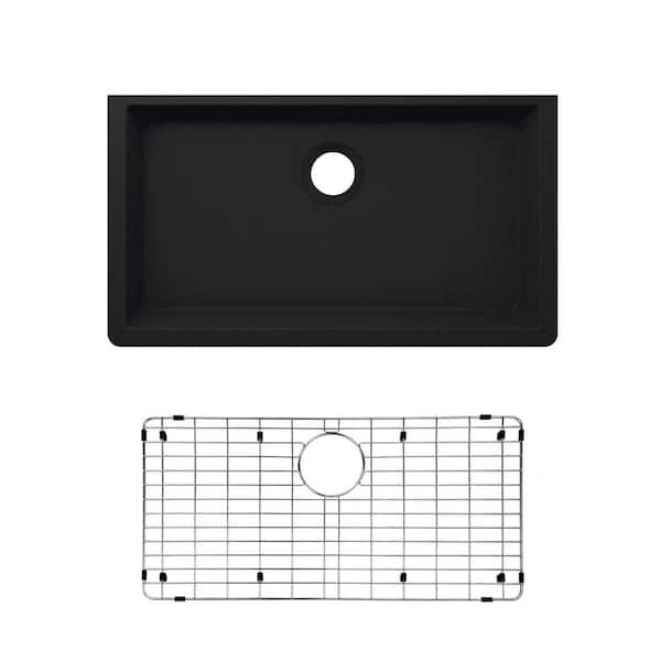 33 in. Undermount Single Bowl Quartz Kitchen Sink in Black with Bottom Grid