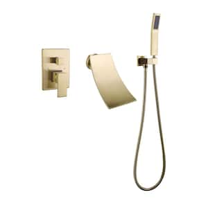 Single-Handle Wall-Mount Roman Tub Faucet with Hand Shower 3-Hole Waterfall Brass Bathtub Fillers in Brushed Gold