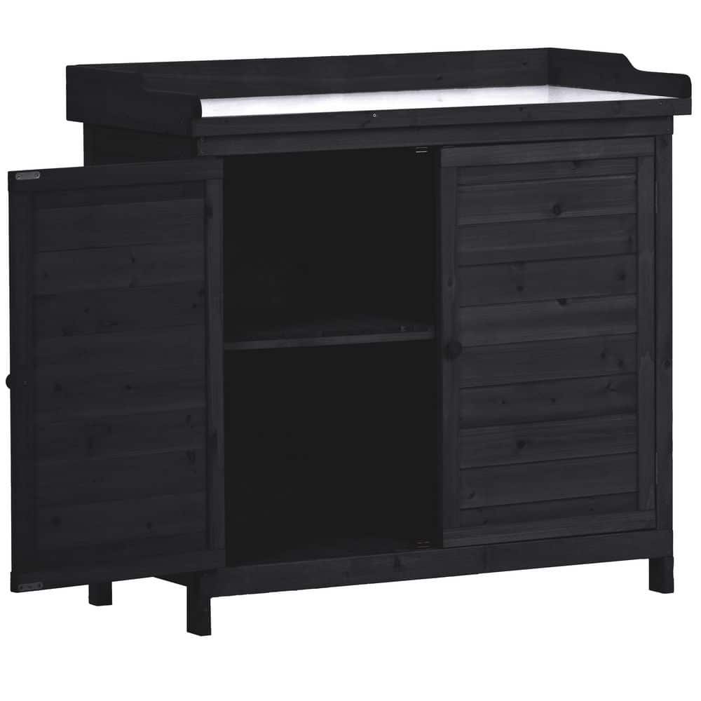 Black Fir Wood Workstation with Cabinet 2-Tier Shelves and Side Hook