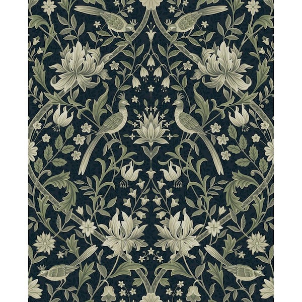 NextWall 30.75 sq. ft. Blue and Sage Vintage Bird Ogee Vinyl Peel and Stick Wallpaper Roll