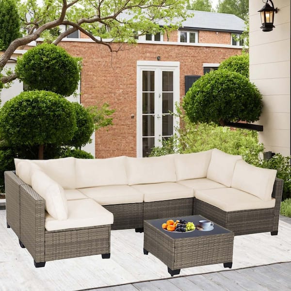 Zeus & Ruta 7-Piece Gray Wicker Patio Outdoor Conversation Set with Beige Cushions and 1 coffee table