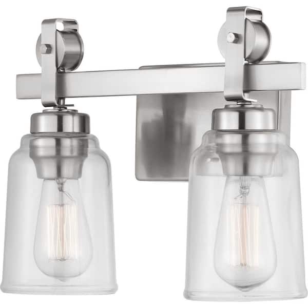 Home Decorators Collection Knollwood 2-Light Brushed Nickel Vanity Light with Clear Glass Shades