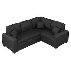 87.4 in. W L-Shape Velvet Sectional Sofa Bed in. Black with USB Charging Port and 3 Pillows