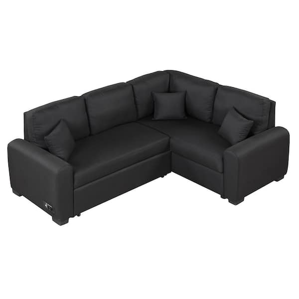 Nestfair 87.4 in. W L-Shape Velvet Sectional Sofa Bed in. Black with USB Charging Port and 3 Pillows