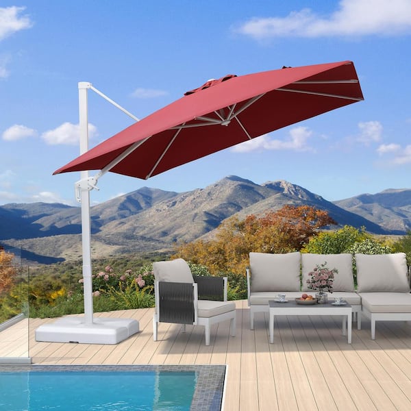 PURPLE LEAF 9 ft. Square Outdoor Patio Cantilever Umbrella White Aluminum Offset 360° Rotation Umbrella in Red