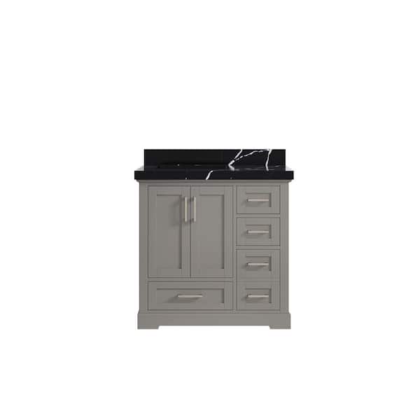 Willow Collections Boston 36 in. W x 22 in. D x 36 in. H Left Offset Sink Bath Vanity in Elephant Gray with 2 in. Calacatta Black Qt. Top