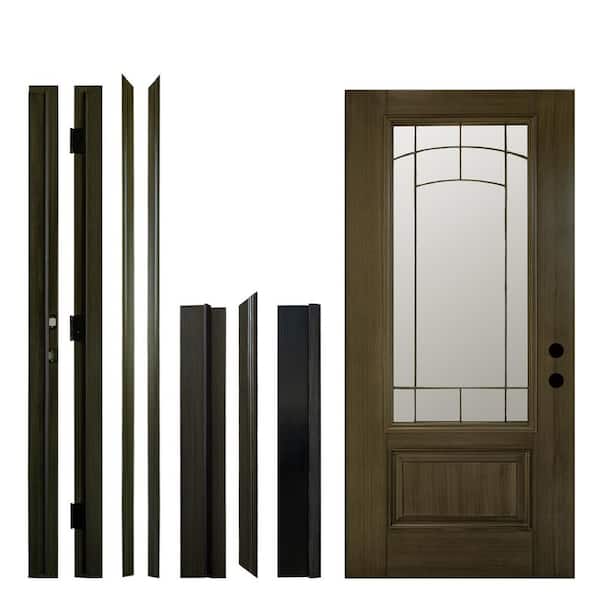 36 in. x 80 in. 1 Panel Left-Hand 1/2 Lite Decorative Glass Brown Fiberglass Prehung Front Door with Threshold, Hinge