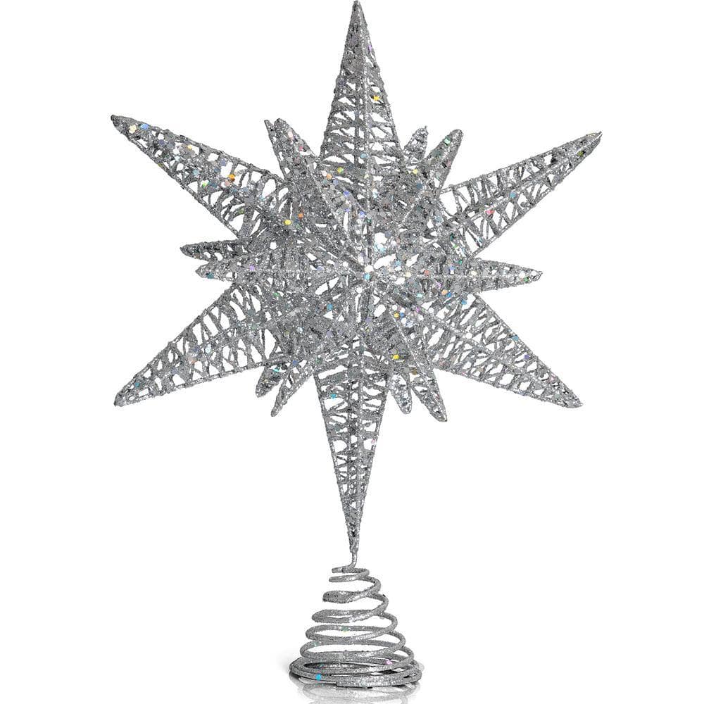 ORNATIVITY Silver Star Tree Topper - Christmas Silver 3D Glitter Star ...