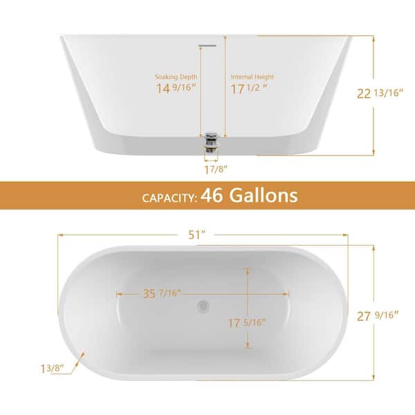 51 in. x 27.5 in. Oval Free Standing Soaking Bath Tub Flat Bottom with Center Drain Freestanding Bathtub in White