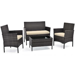 4-Piece Wicker Patio Conversation Set with Beige Cushions and Tempered Glass Coffee Table