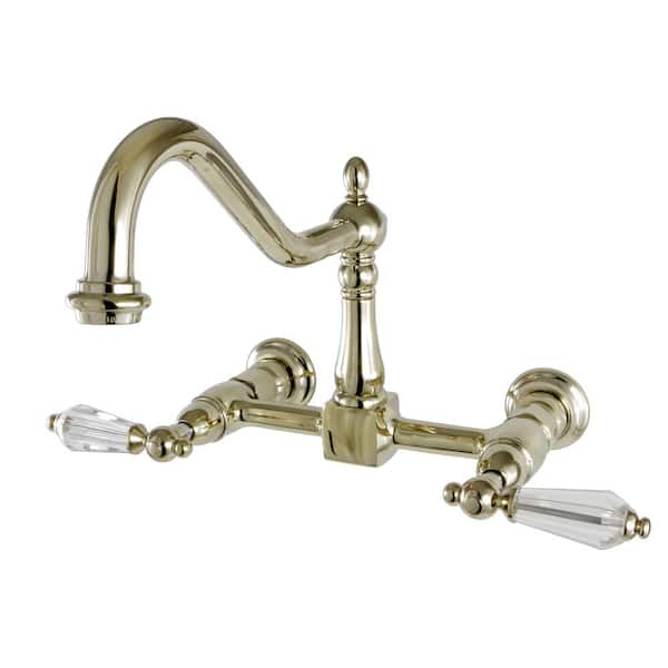 Kingston Brass Victorian Crystal 2-Handle Wall-Mount Standard Kitchen Faucet in Polished Brass