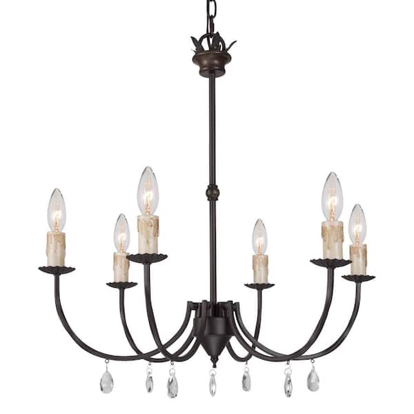 LOUGHEED DECOR INC 6-Light Transitional Farmhouse Chandelier with Iron Pendant with Crystal Drops Oil-Rubbed Bronze Finish