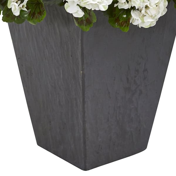 Indoor/Outdoor UV Resistant White Geranium Artificial Plant in Slate Plater
