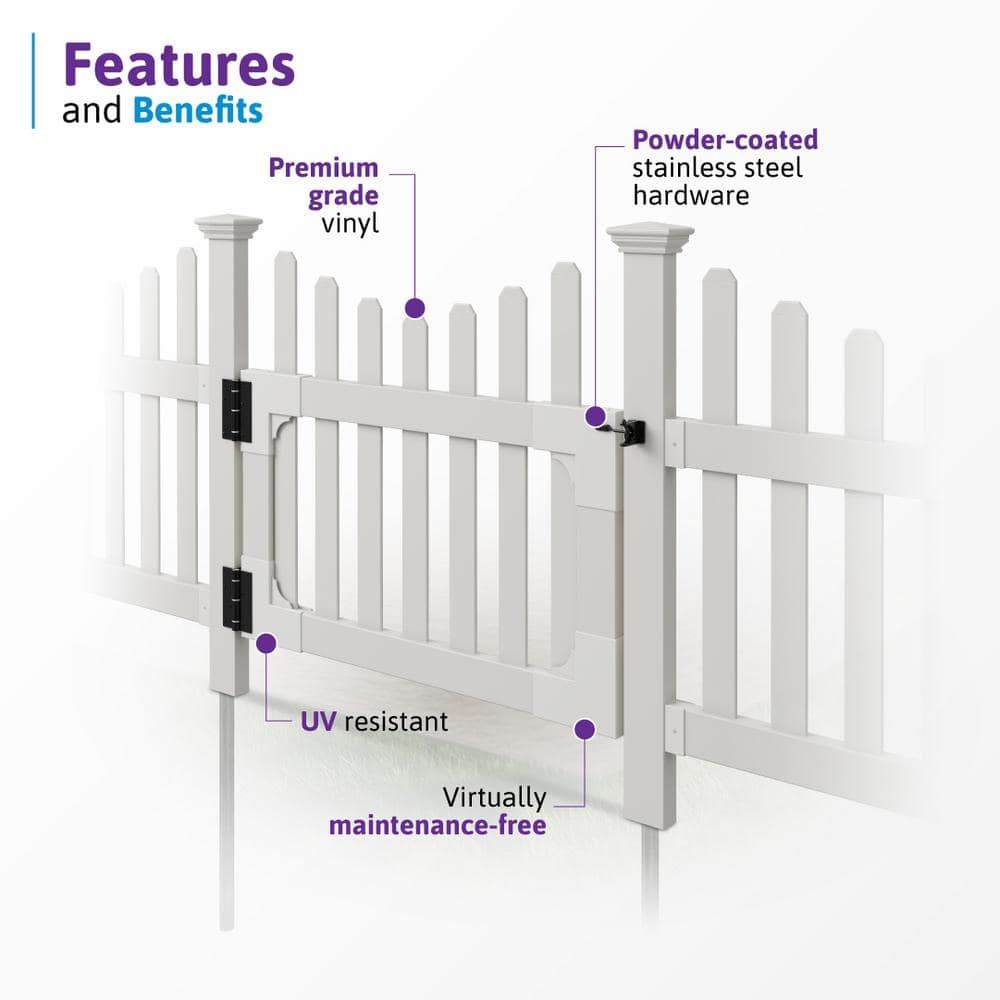 3ft H x 3.5ft W White Vinyl Picket Yard Gate with Hardware