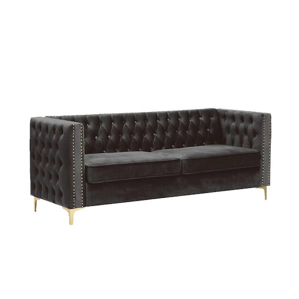 Wateday 80.70 in. W Square Arm Velvet Straight Sofa in Black with Nail Head